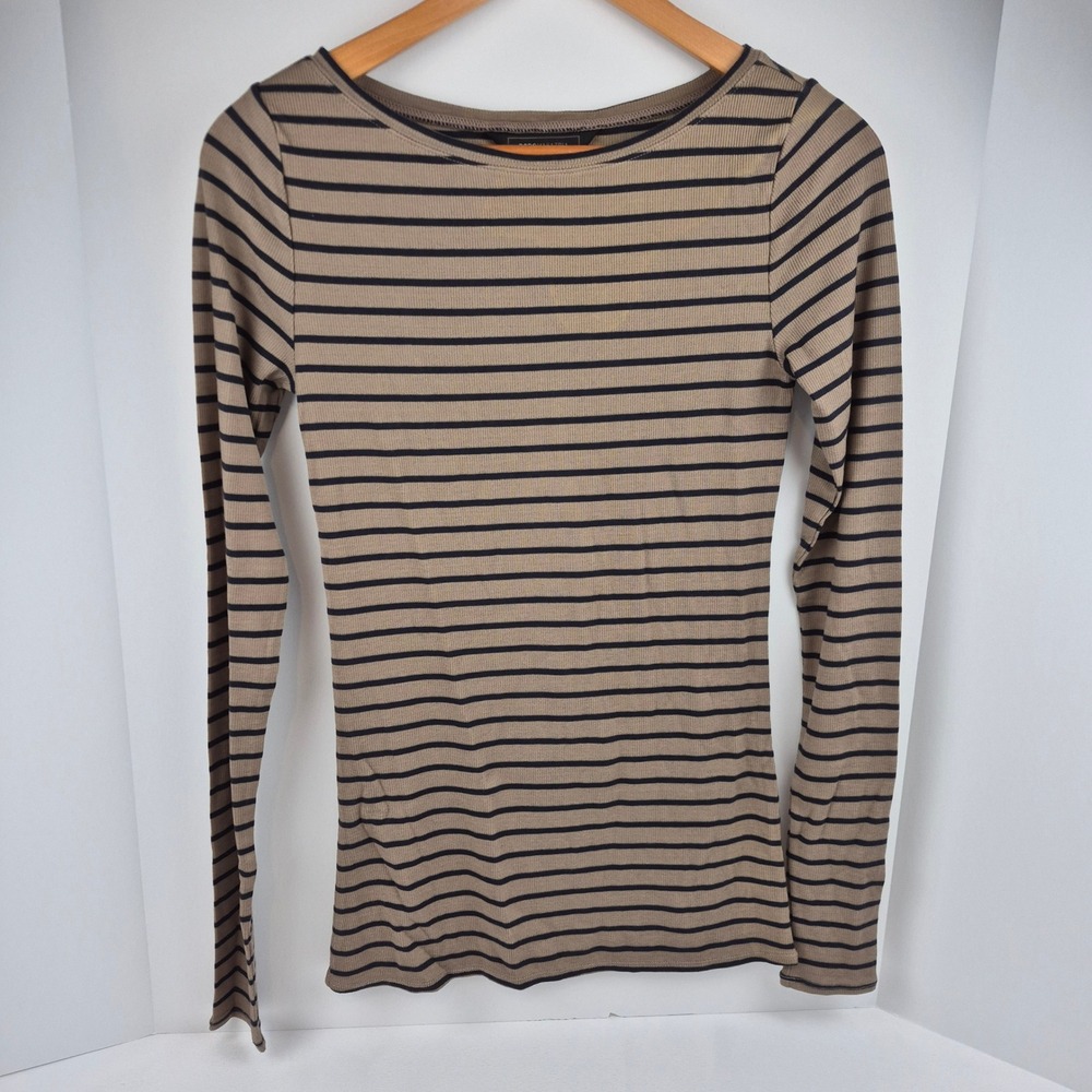 BCBG Long Sleeve‎ Crew Neck Stretch Fine Rib Knit Top Taupe Black Stripe M NWT